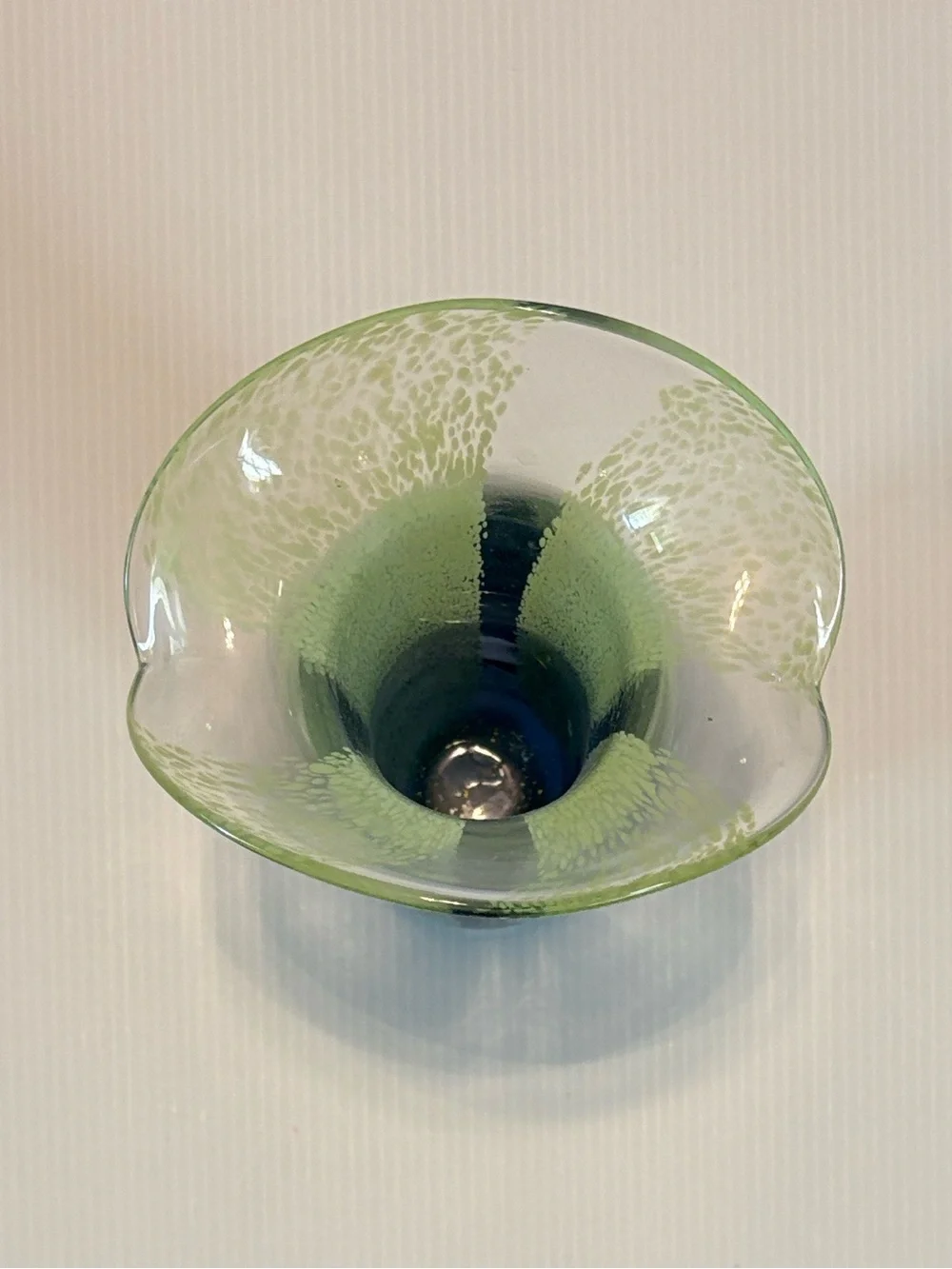Vintage Hand Blown Teleflora Glass Vase Speckled Green Blue Curved Edge